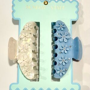 Sunday State acrylic pearl and blue floral hair claw clips with rhinestones /NEW